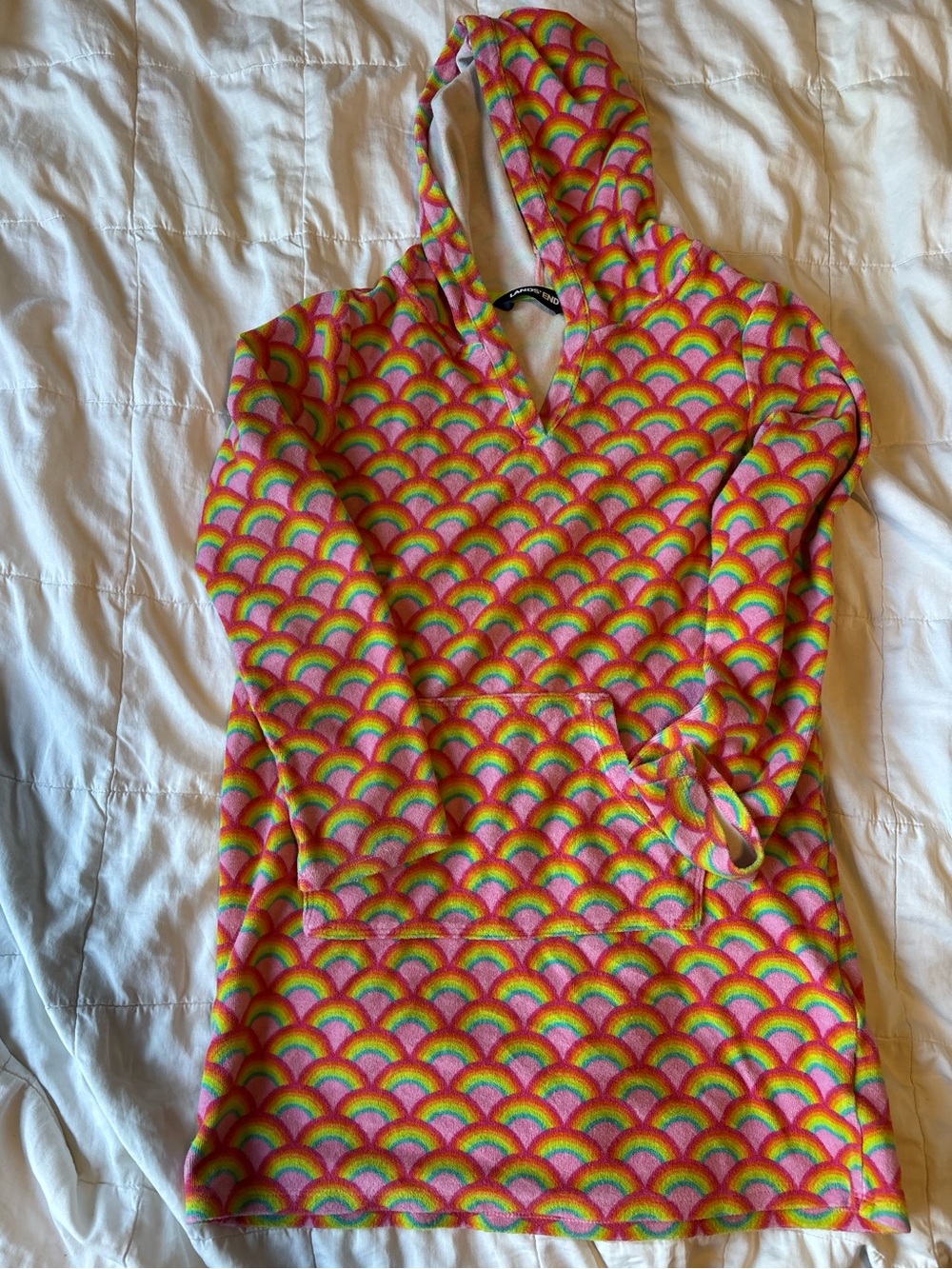 Lands' End Kids Hooded One-Piece Terrycloth Coverup in Pink Rainbow Print